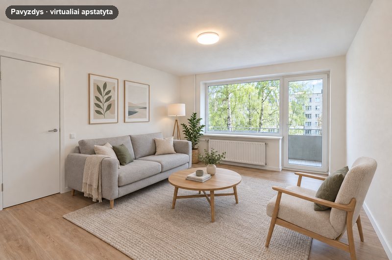 Tas pats kambarys, virtualiai apstatytas: sofa, apvalus kavos staliukas, fotelis ir kilimas