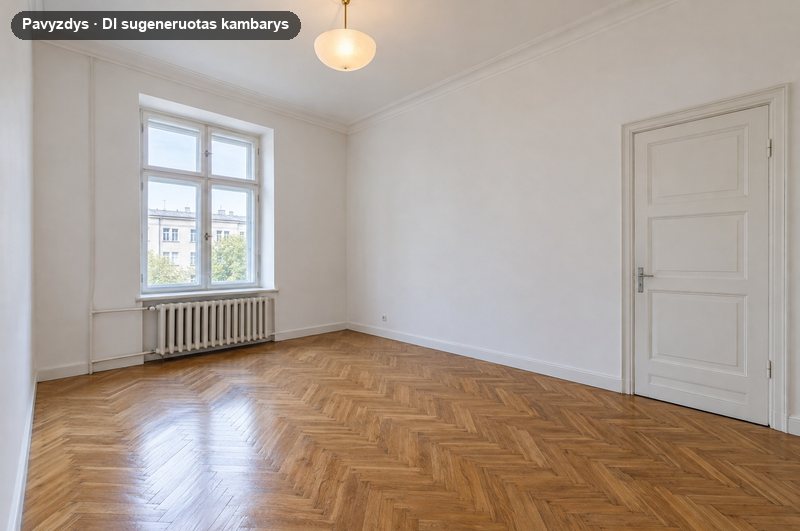 DI sugeneruotas pavyzdys: tuščias aukštų lubų miegamasis su eglute klotu parketu ir senu ketaus radiatoriumi