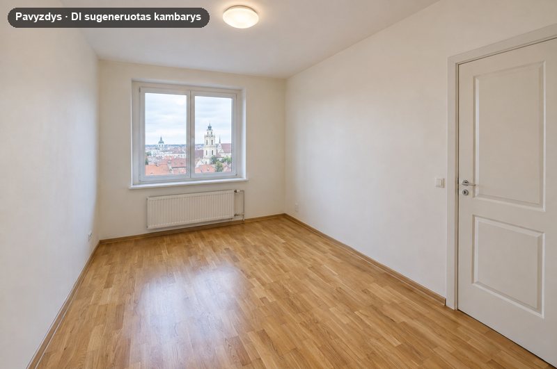 DI sugeneruotas pavyzdys: tuščias nedidelis kambarys su parketu ir vaizdu į senamiesčio stogus
